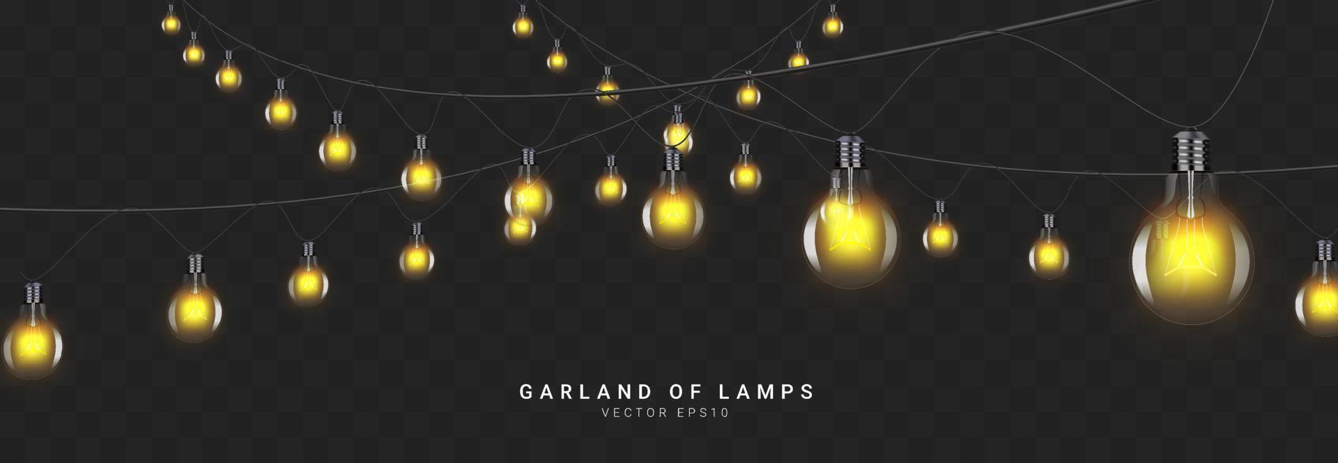 concept at night party 3D Garland of lamps on transparent background. Vector illustration