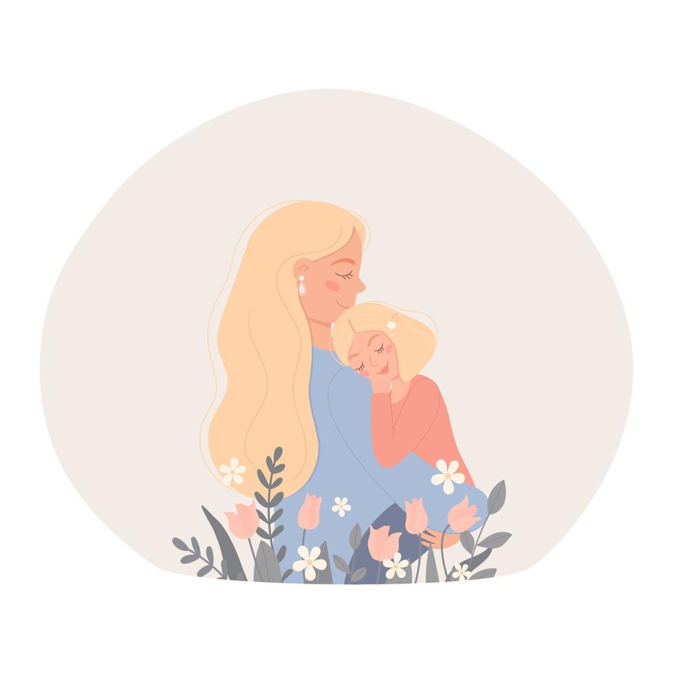 Mother holds her little daughter in her arms.Young woman embraces child surrounded by flowers. Mothers Day greeting card template. vector