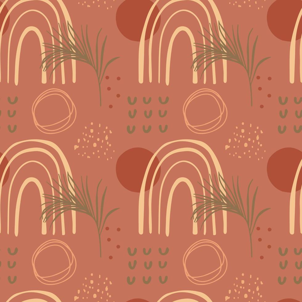 Seamless pattern with abstract shapes and leaves on red brown background. For digital paper and textiles. vector