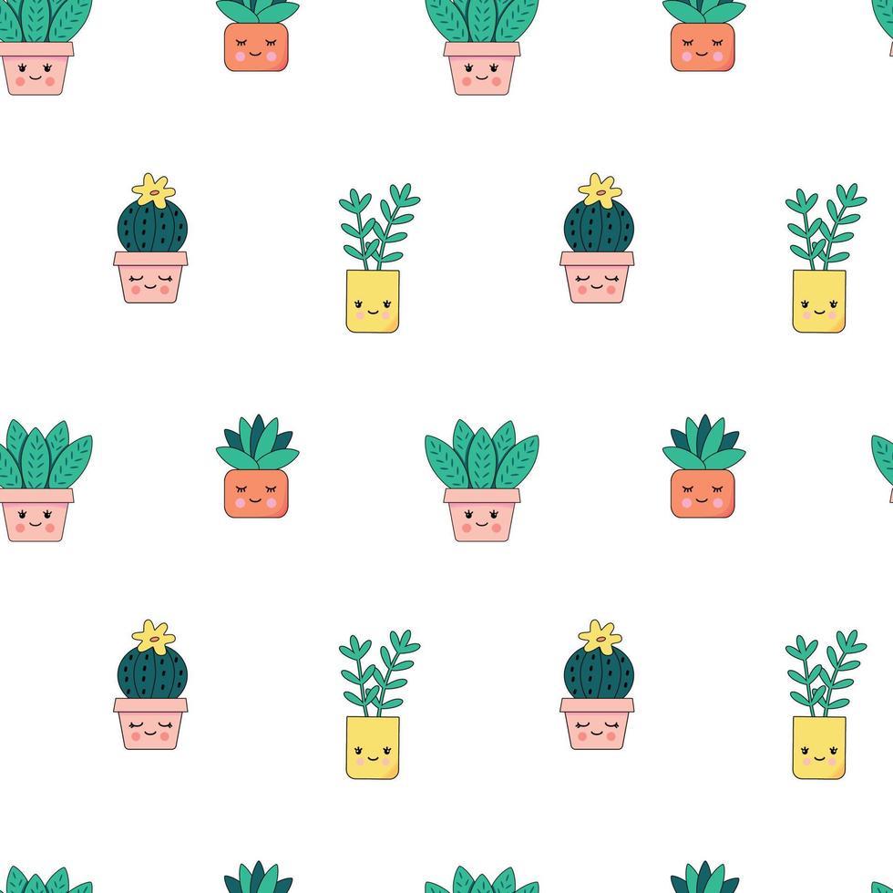 Seamless pattern with cute happy houseplants with faces. Cartoon kawaii cacti in flower pots. Kids flower pattern. vector