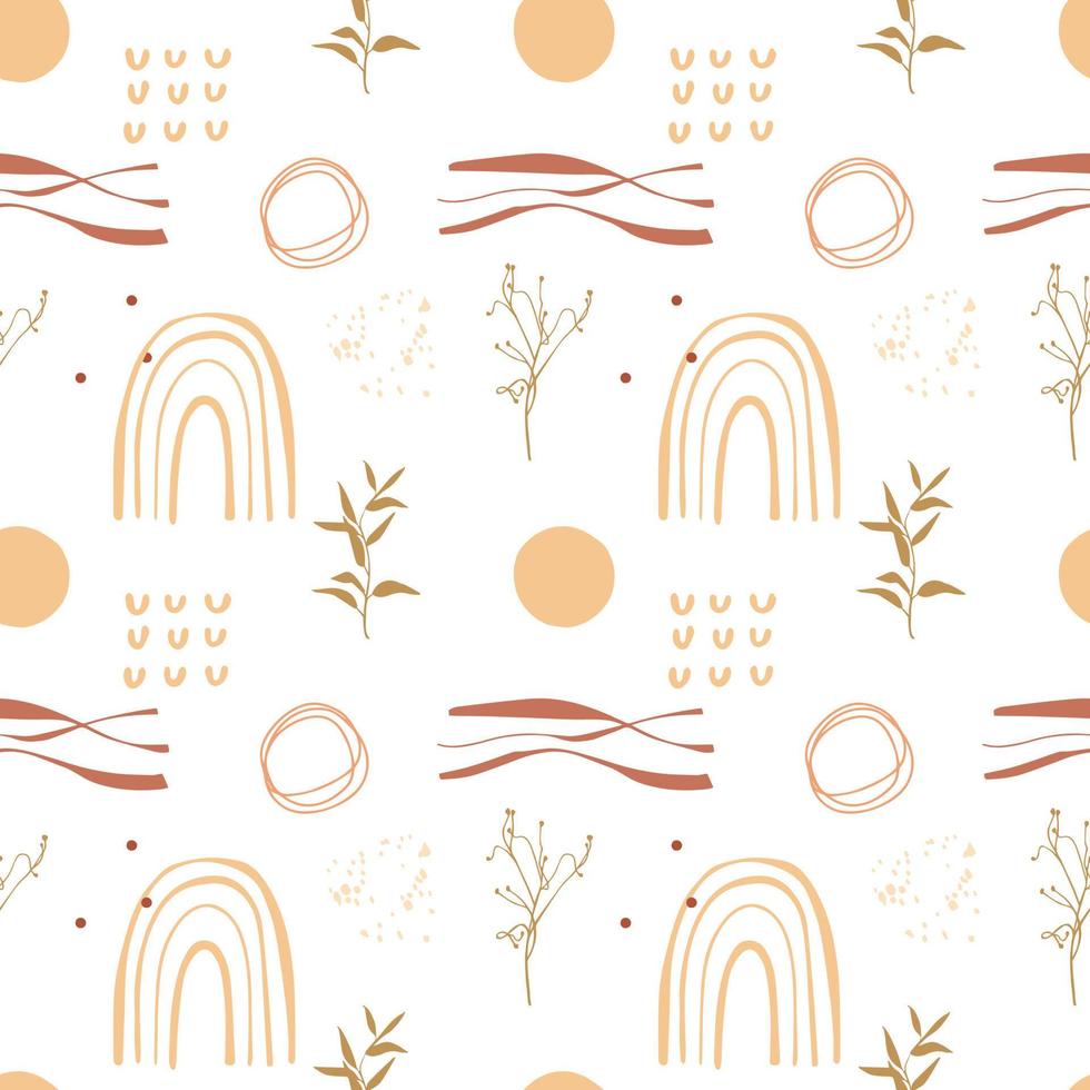 Abstract boho seamless pattern with tropical leaves, lines, ovals, rainbow and dots. Vector illustration of beige, green and brown colors for textiles.