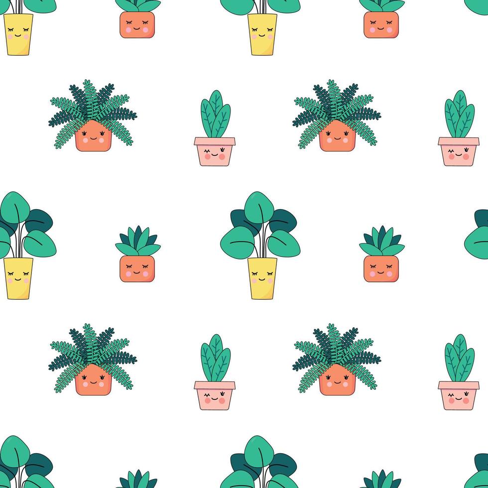 Seamless pattern with cute happy houseplants with faces. Cartoon kawaii cacti in flower pots. Kids flower pattern. vector