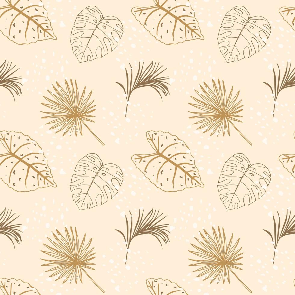 Seamless pattern with outline of tropical leaves on beige pastel background. For digital paper and textiles. vector