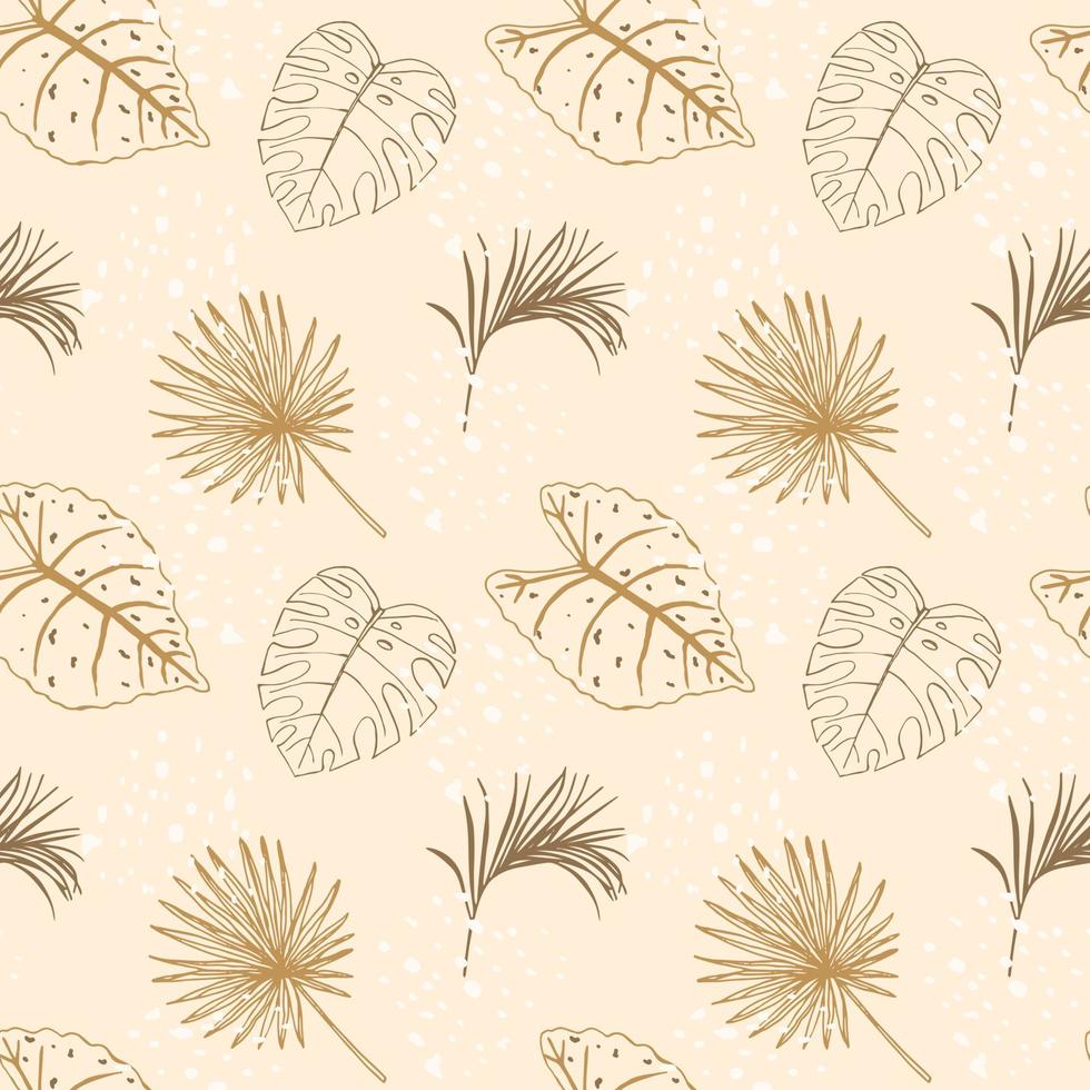 Seamless pattern with outline of tropical leaves on beige pastel background. For digital paper and textiles. vector