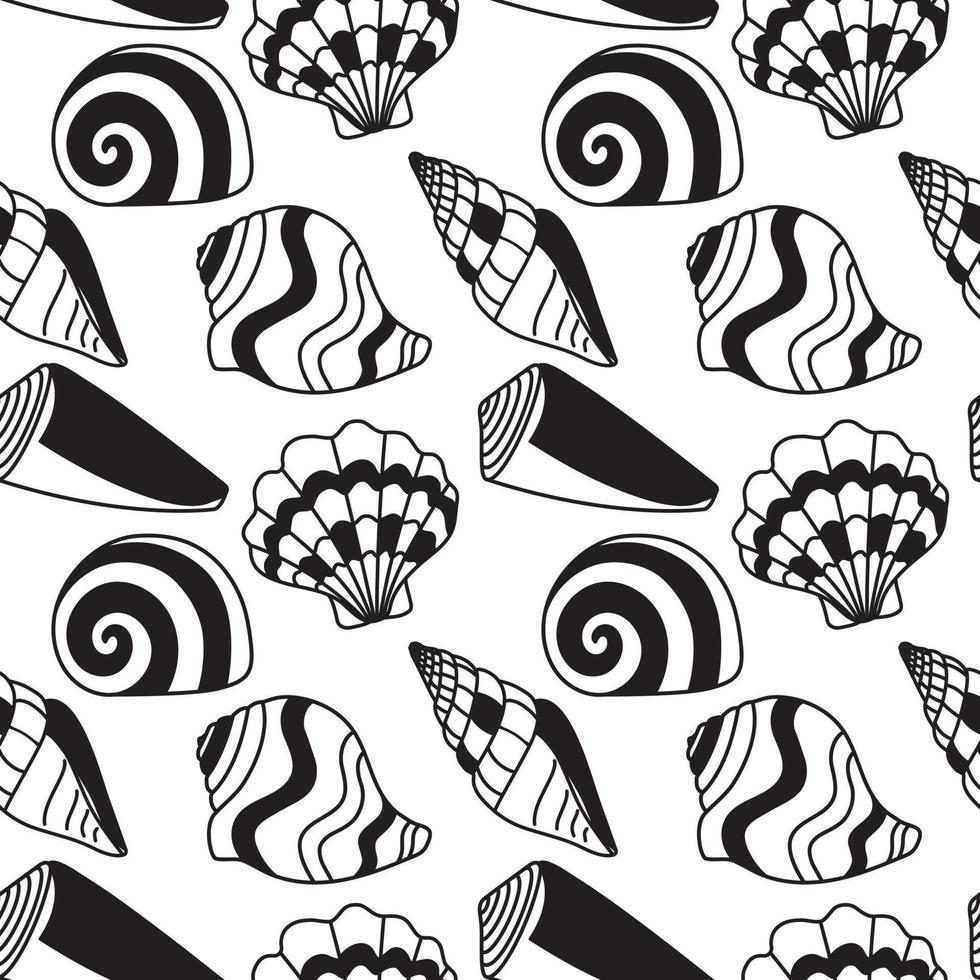 Seamless pattern with abstract shells black outline on white. vector