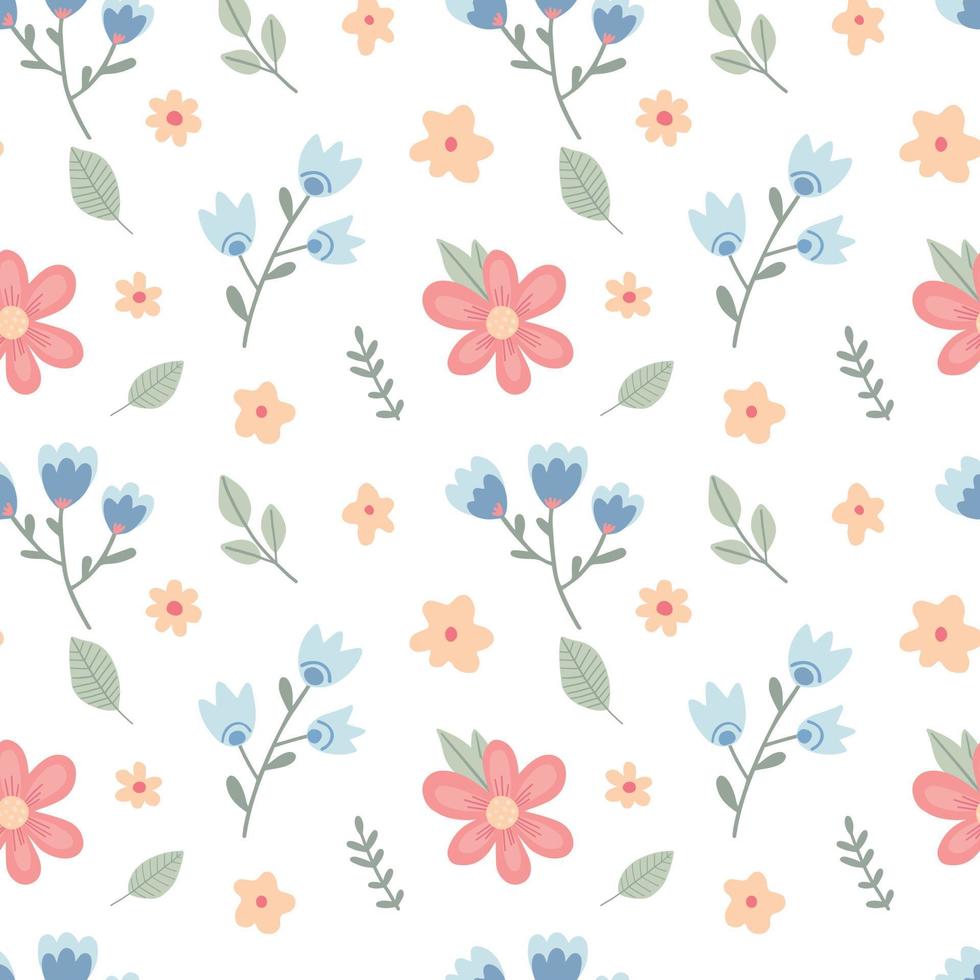 Seamless pattern with childish flowers on white background. Cute vector illustration with floral elements, for design, fabric and textiles.