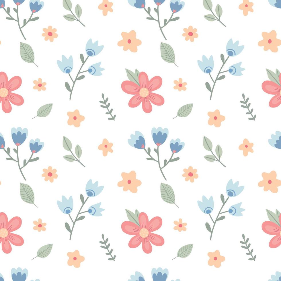 Seamless pattern with childish flowers on white background. Cute vector illustration with floral elements, for design, fabric and textiles.