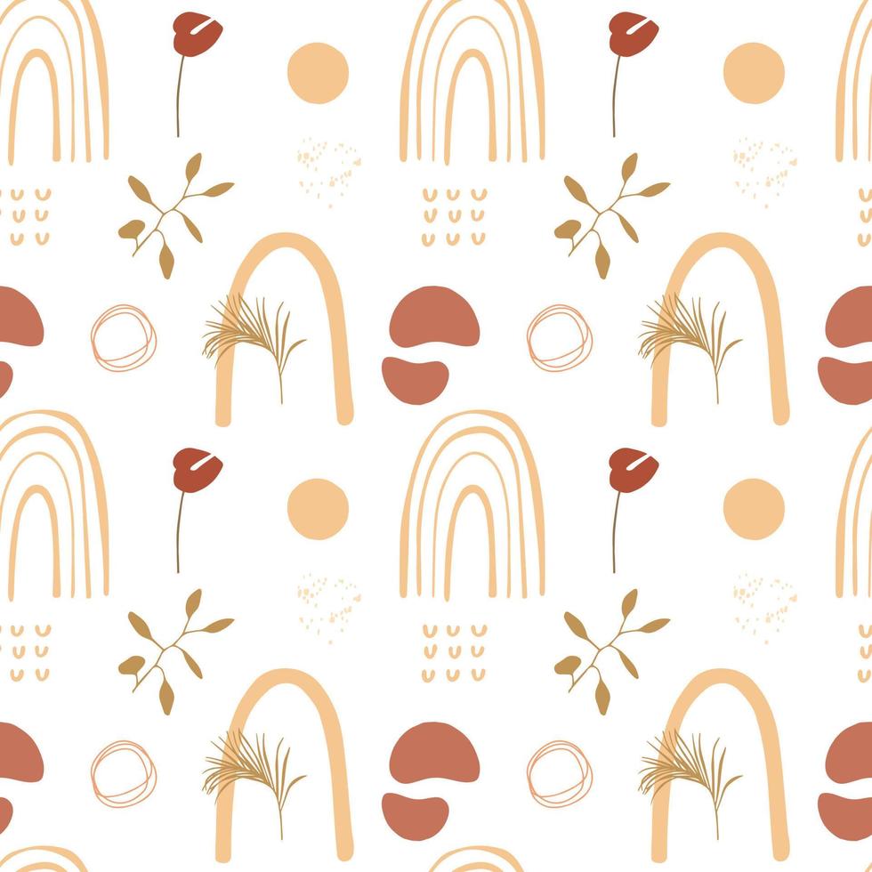 Abstract boho seamless pattern with tropical leaves, lines, ovals, rainbow and dots. Vector illustration of beige, green and brown colors for textiles.