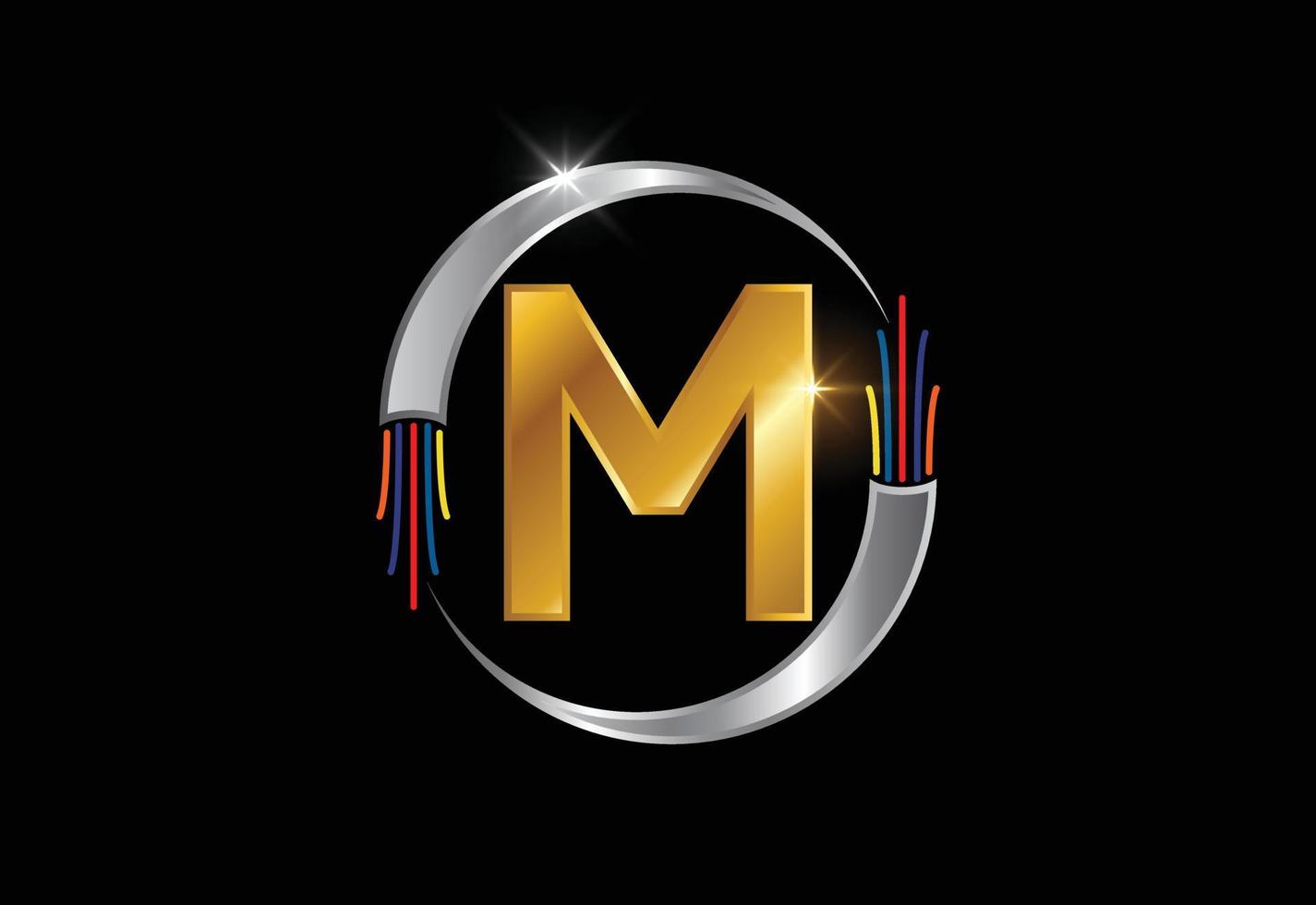 Initial M monogram letter alphabet with electric wire, optical fiber cable. Font emblem. vector