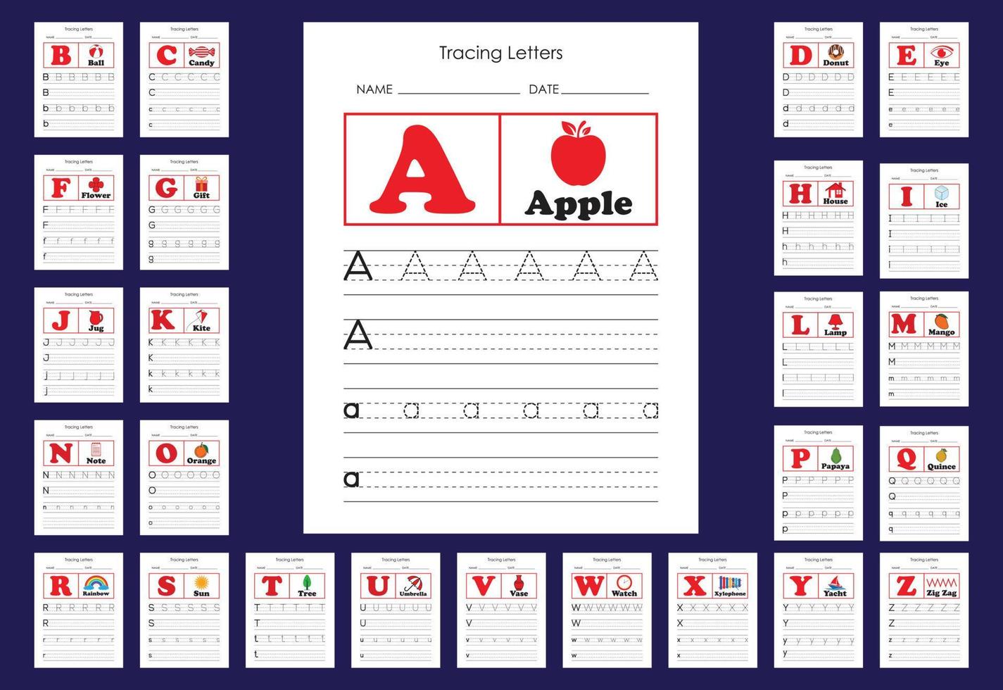 Alphabet tracing practice Letter A to Z. Uppercase lowercase trace practice activity page. vector