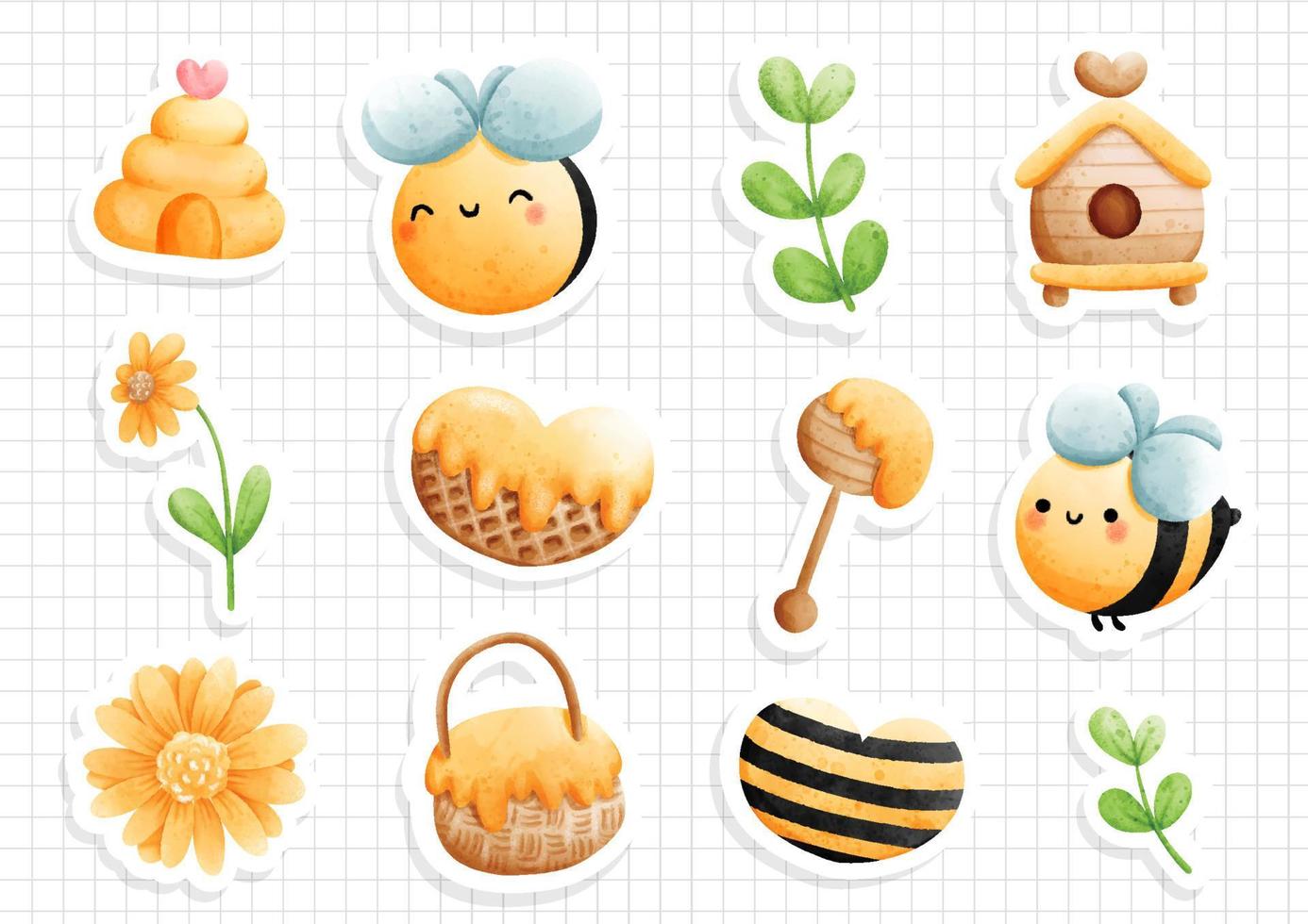 Honey bee, cute bee, happy spring sticker sheet. Vector illustration