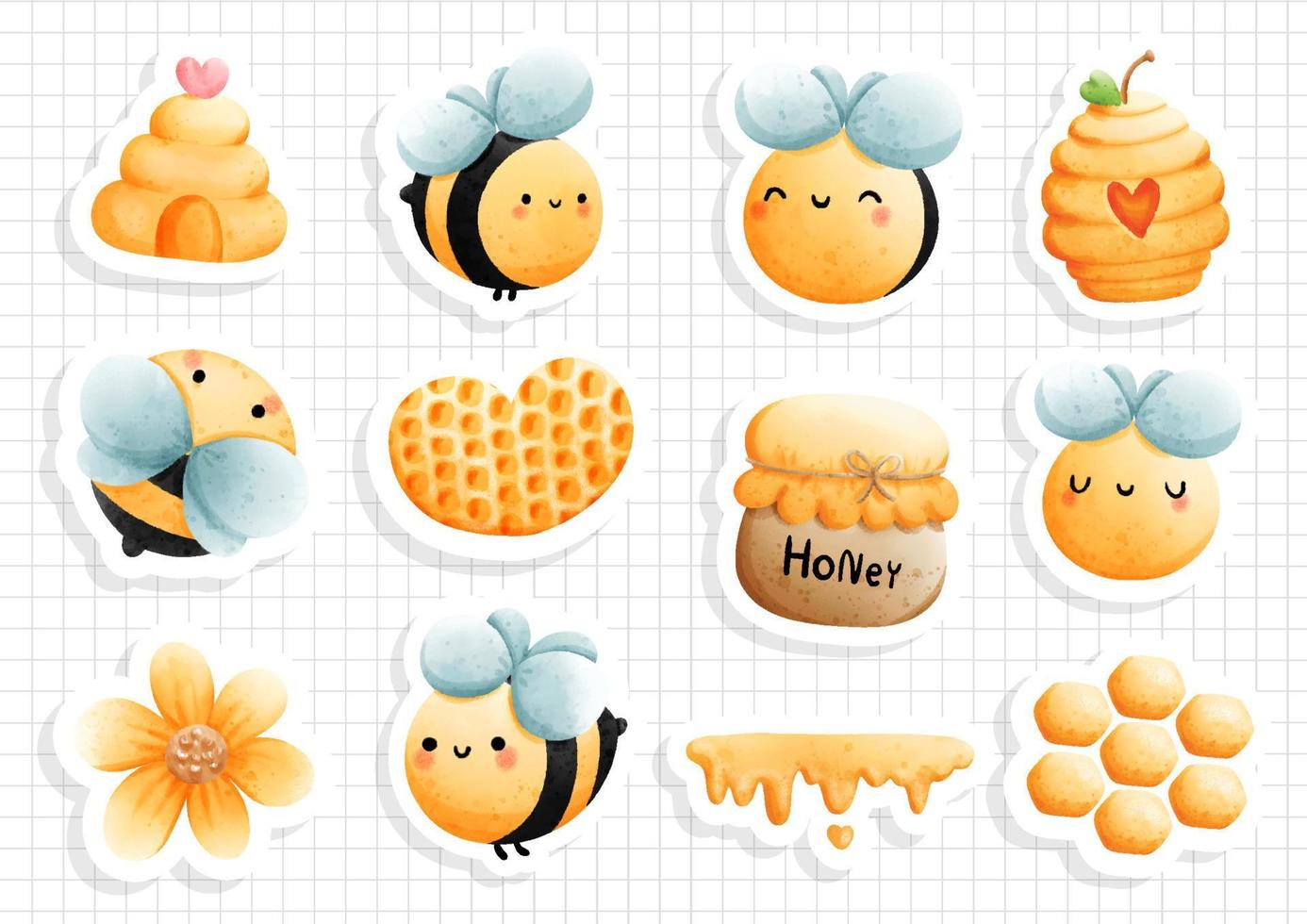 Honey bee, cute bee, happy spring sticker sheet. Vector illustration