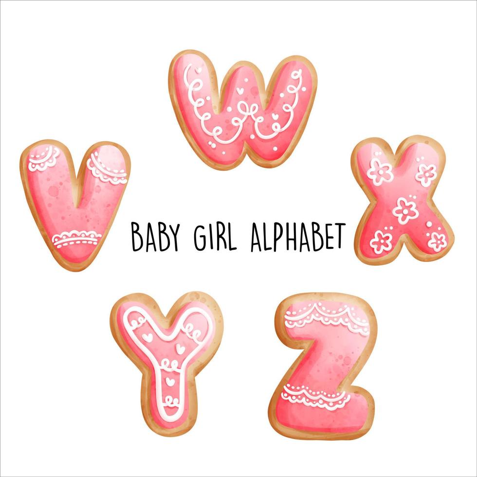 baby girl alphabet, pink cookies alphabet. Vector illustration