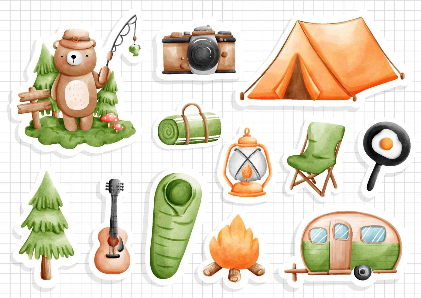 camping gear sticker, camping time sticker sheet. Vector illustration