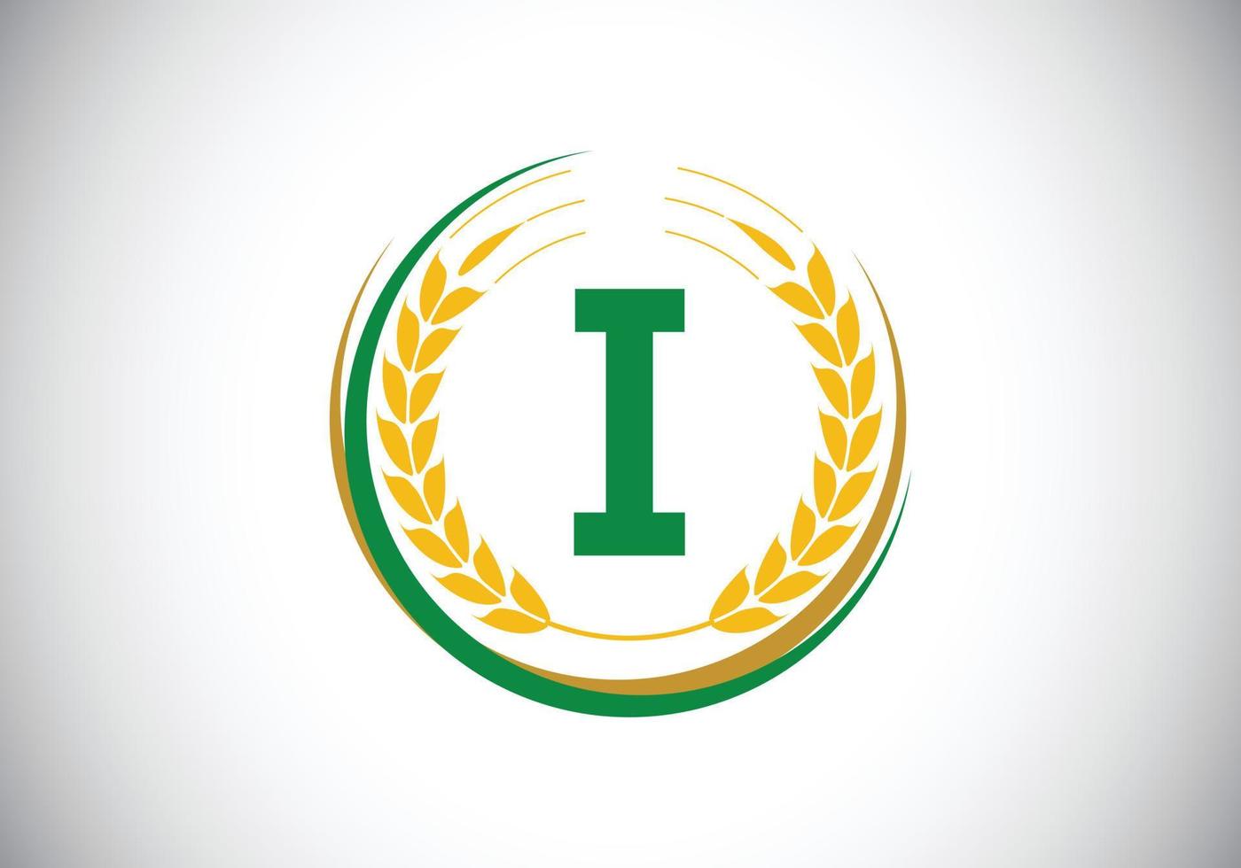 Initial letter I sign symbol with wheat ears wreath. Organic wheat farming logo design concept. Agriculture logo design vector template.