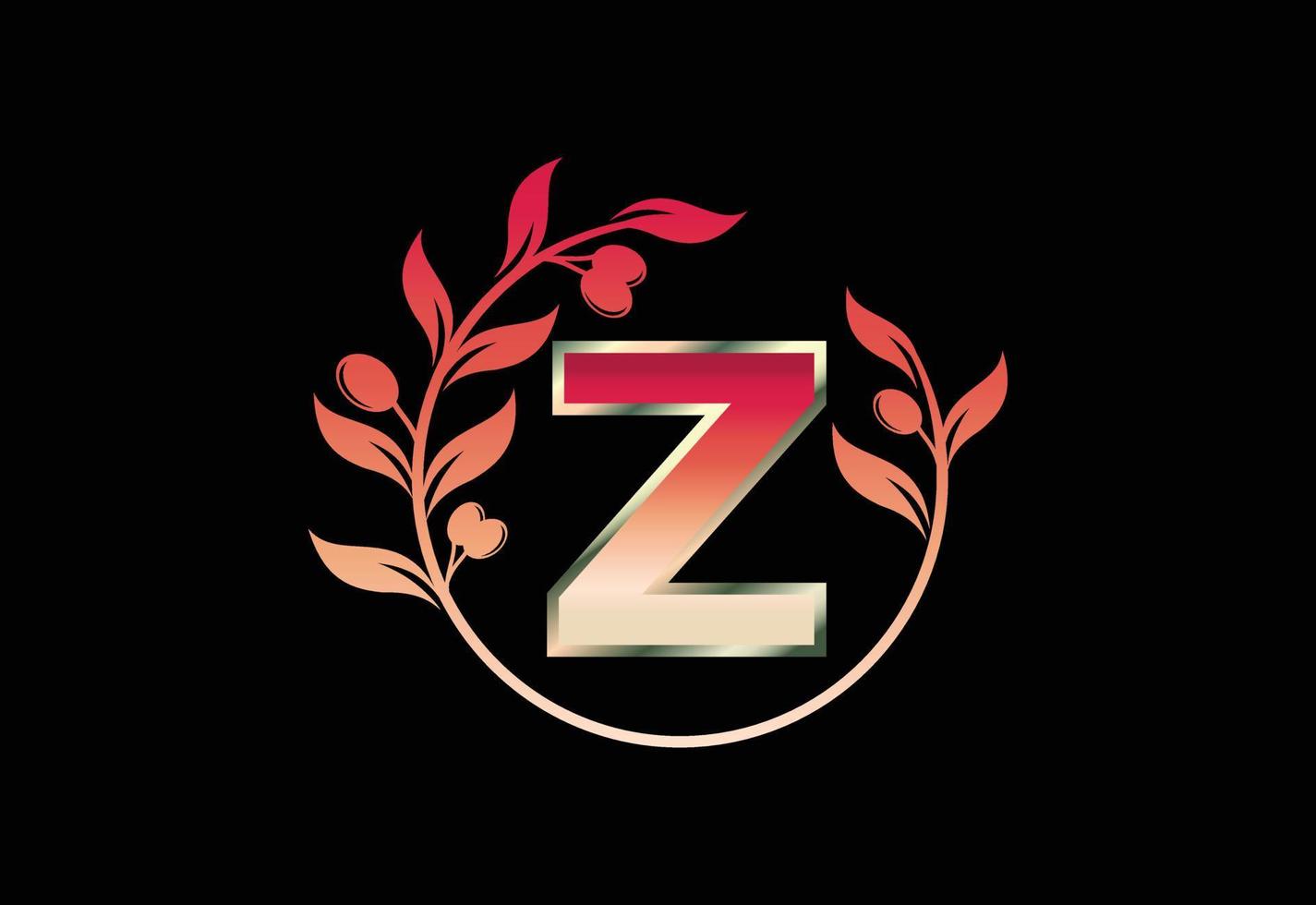 Initial letter Z sign symbol with olive branch wreath, Round floral frame made by the olive branch vector