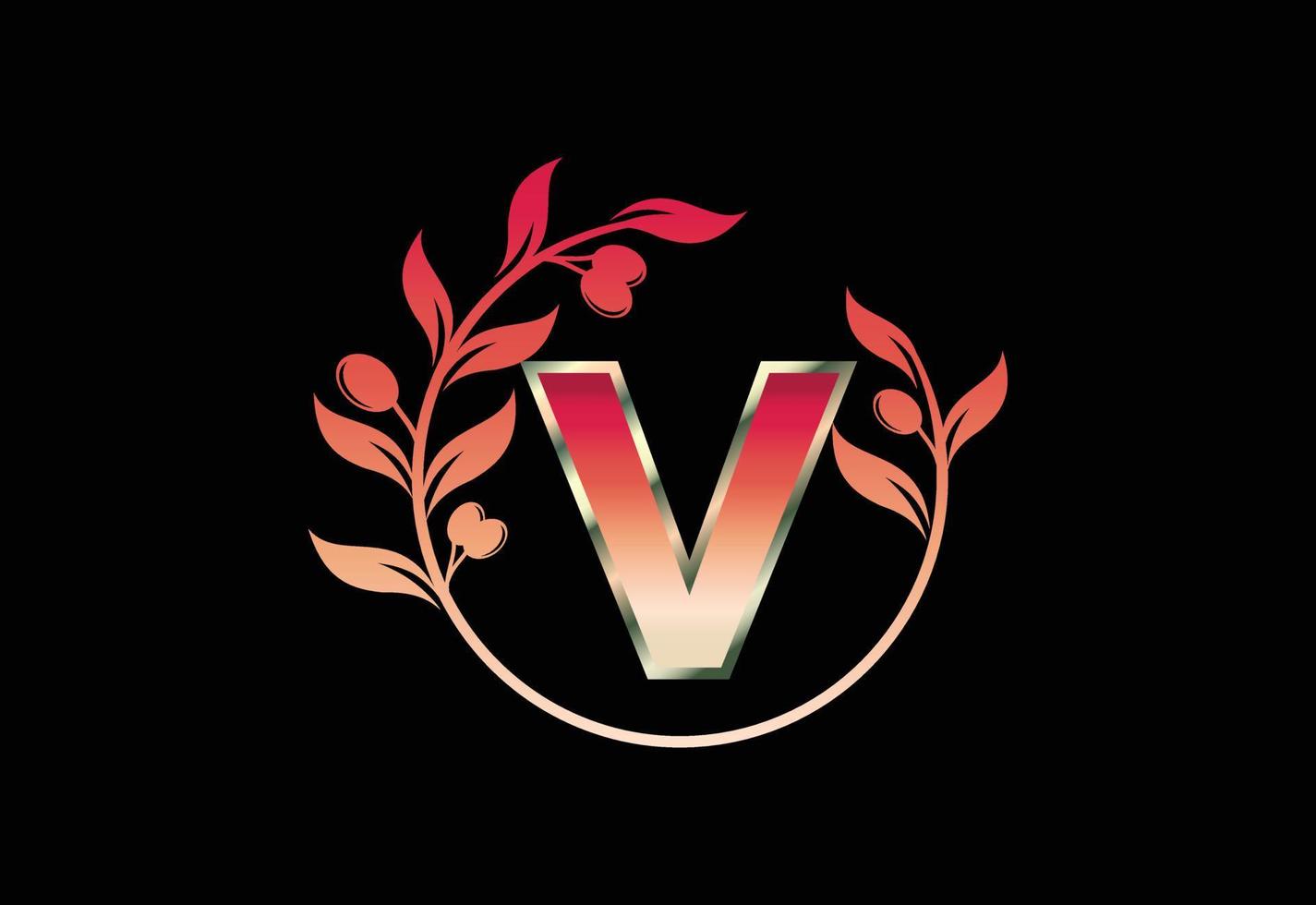 Initial letter V sign symbol with olive branch wreath, Round ...