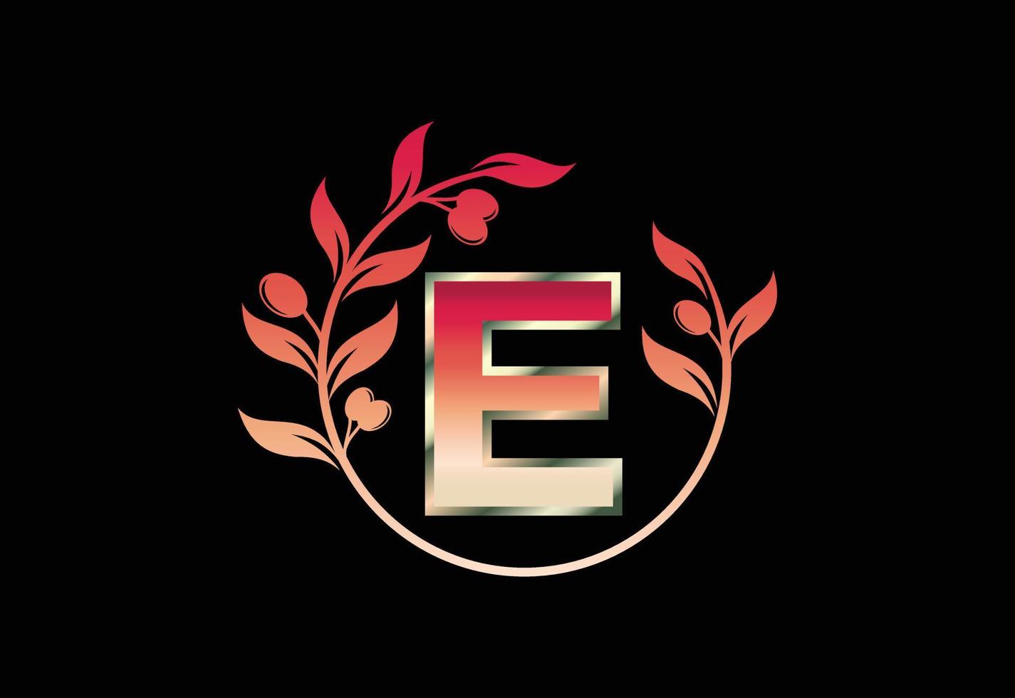 Initial letter E sign symbol with olive branch wreath, Round floral frame made by the olive branch vector