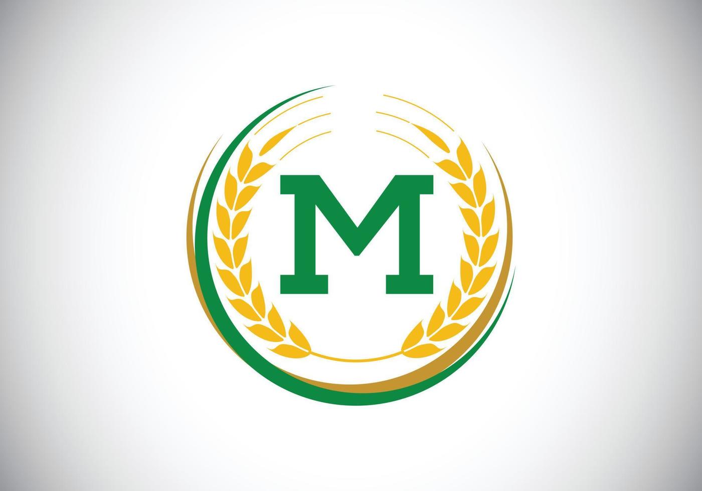 Initial letter M sign symbol with wheat ears wreath. Organic wheat farming logo design concept. Agriculture logo design vector template.