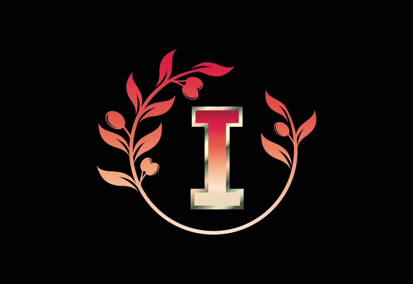 Initial letter I sign symbol with olive branch wreath, Round floral frame made by the olive branch vector