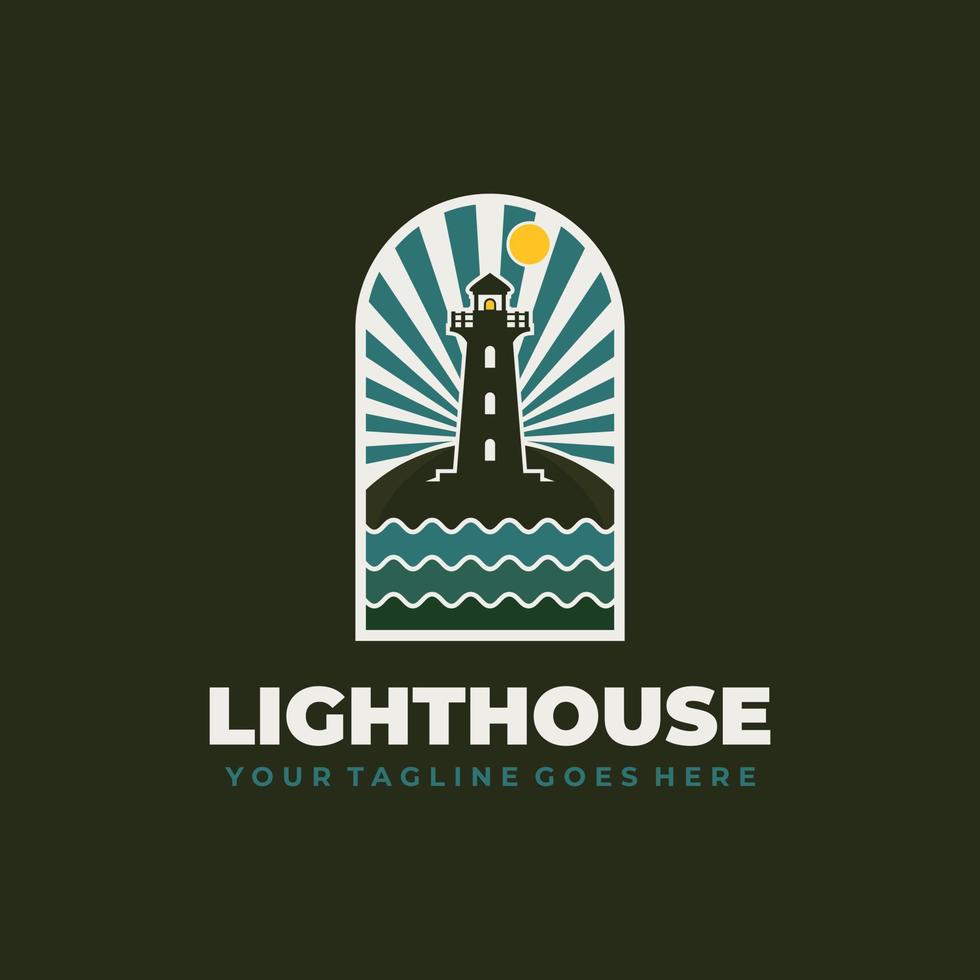 Lighthouse on the sea and waves vintage label logo vector