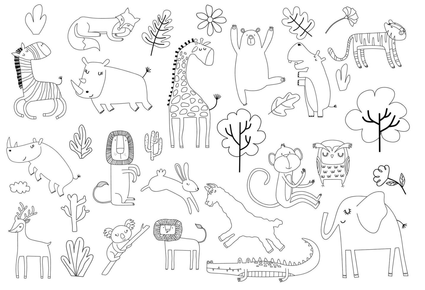 gran conjunto de dibujos animados de lindos animales de garabato. vector