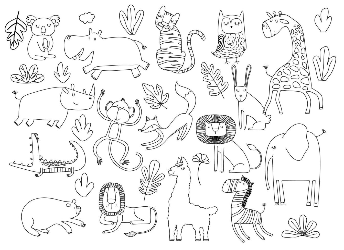 cartoon big set of cute doodle animals. vector