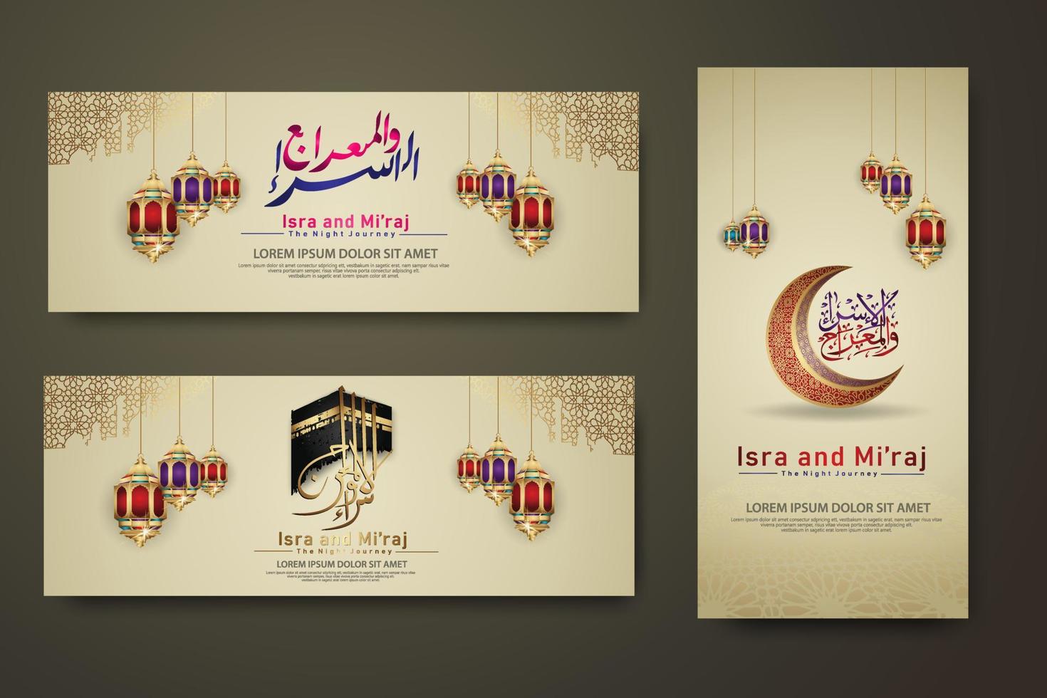 Al-Isra wal Mi'raj Prophet Muhammad calligraphy set banner template vector