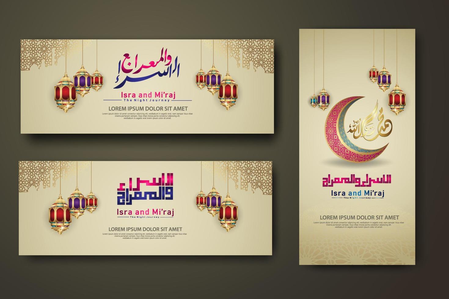 Al-Isra wal Mi'raj Prophet Muhammad calligraphy set banner template vector