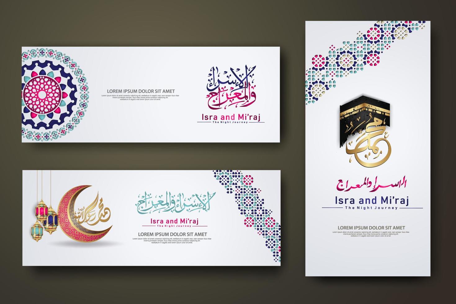 Al-Isra wal Mi'raj Prophet Muhammad calligraphy set banner template vector