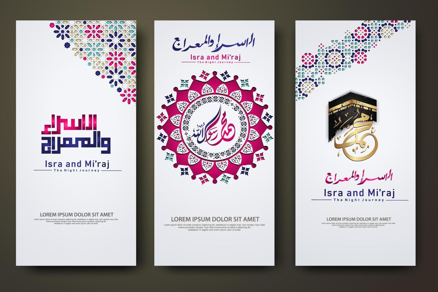 Al-Isra wal Mi'raj Prophet Muhammad calligraphy set banner template vector