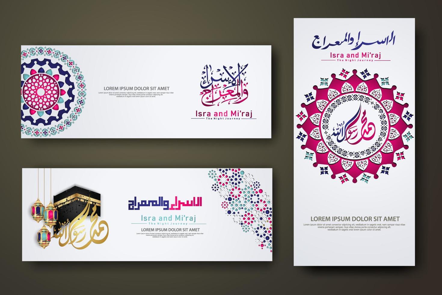 Al-Isra wal Mi'raj Prophet Muhammad calligraphy set banner template vector