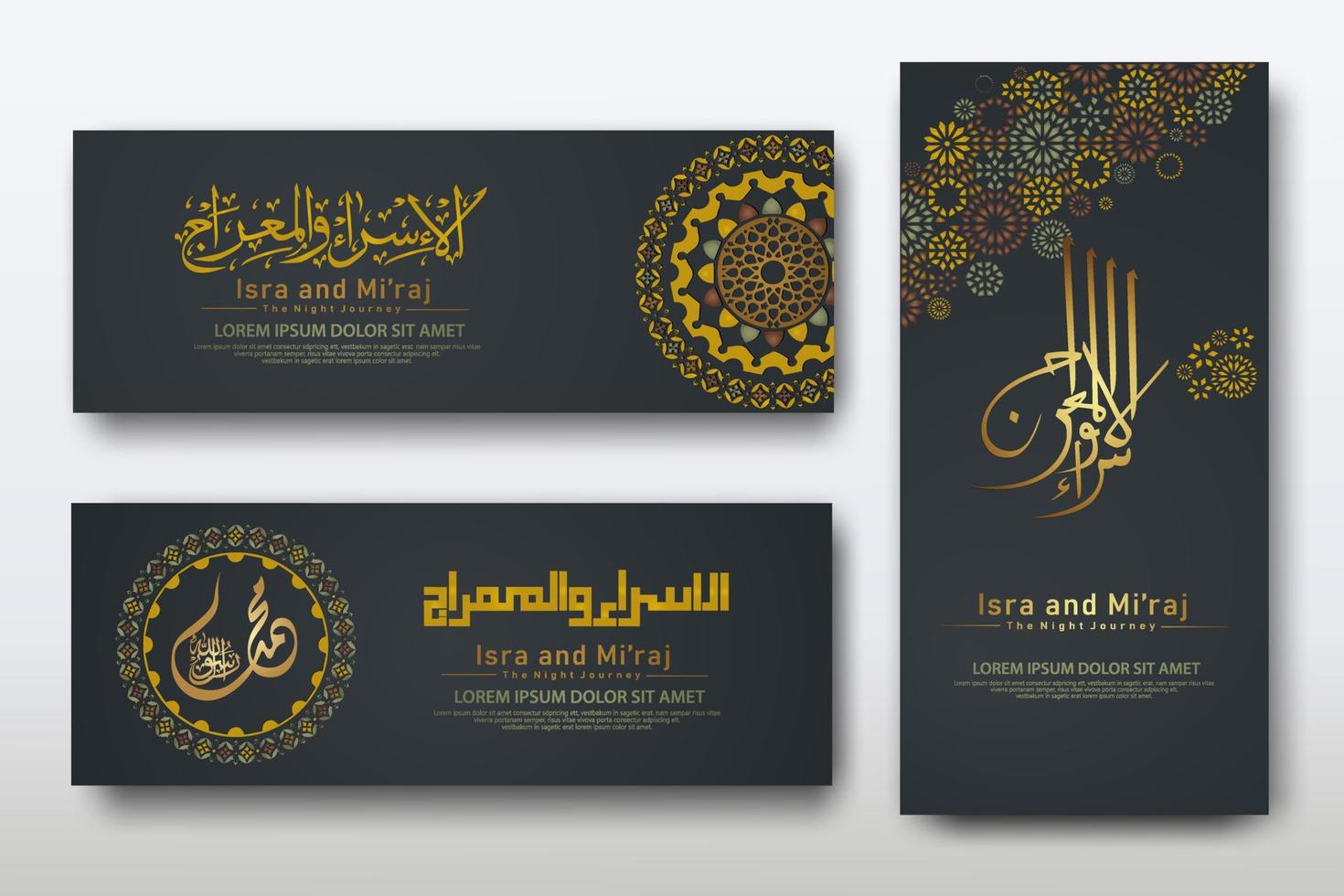 Al-Isra wal Mi'raj Prophet Muhammad calligraphy set banner template vector