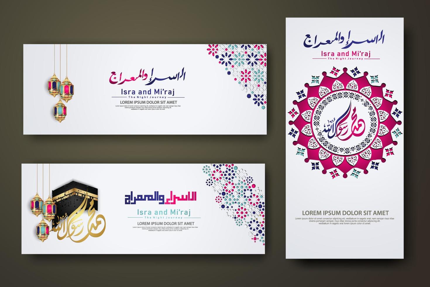 Al-Isra wal Mi'raj Prophet Muhammad calligraphy set banner template vector