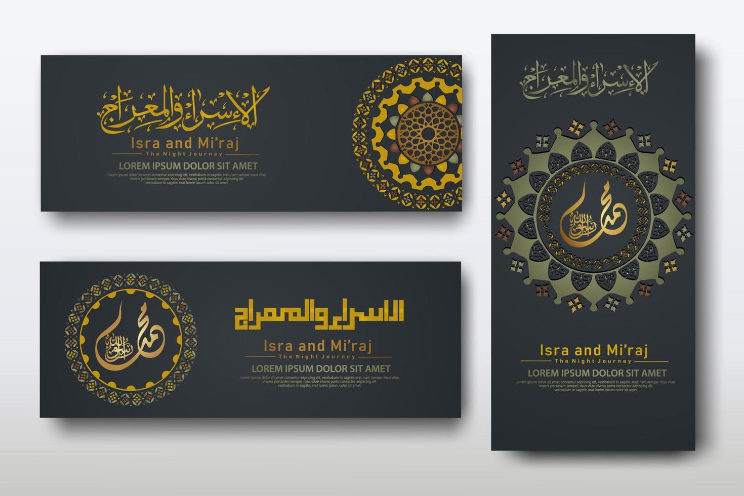 Al-Isra wal Mi'raj Prophet Muhammad calligraphy set banner template vector