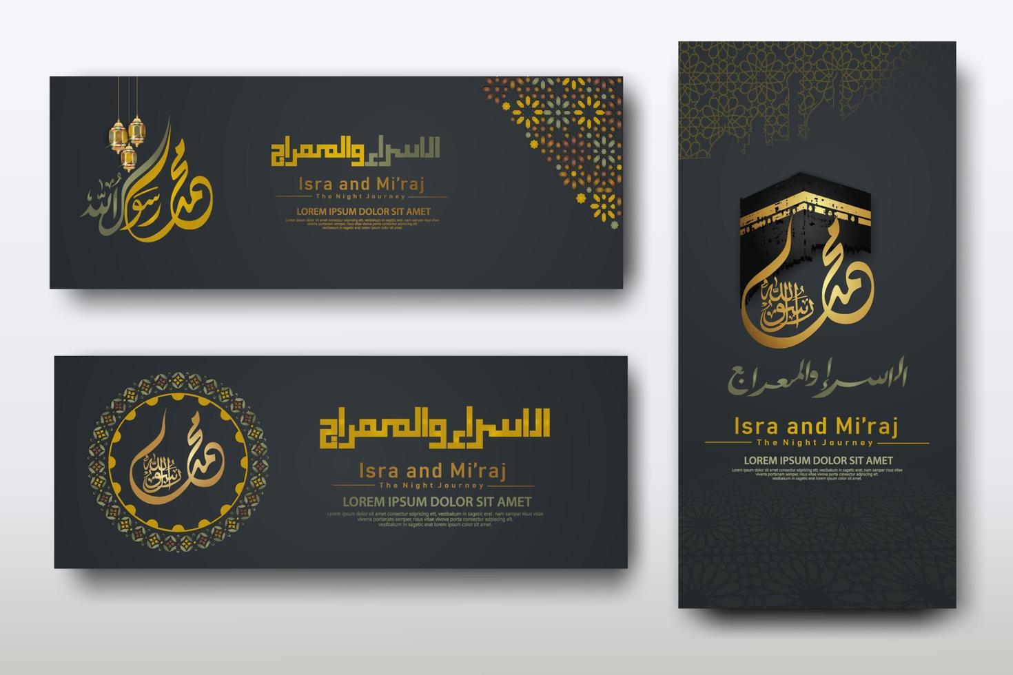 Al-Isra wal Mi'raj Prophet Muhammad calligraphy set banner template vector