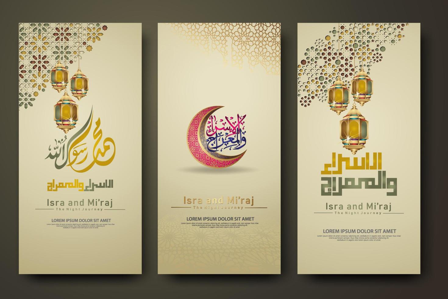 Al-Isra wal Mi'raj Prophet Muhammad calligraphy set banner template vector