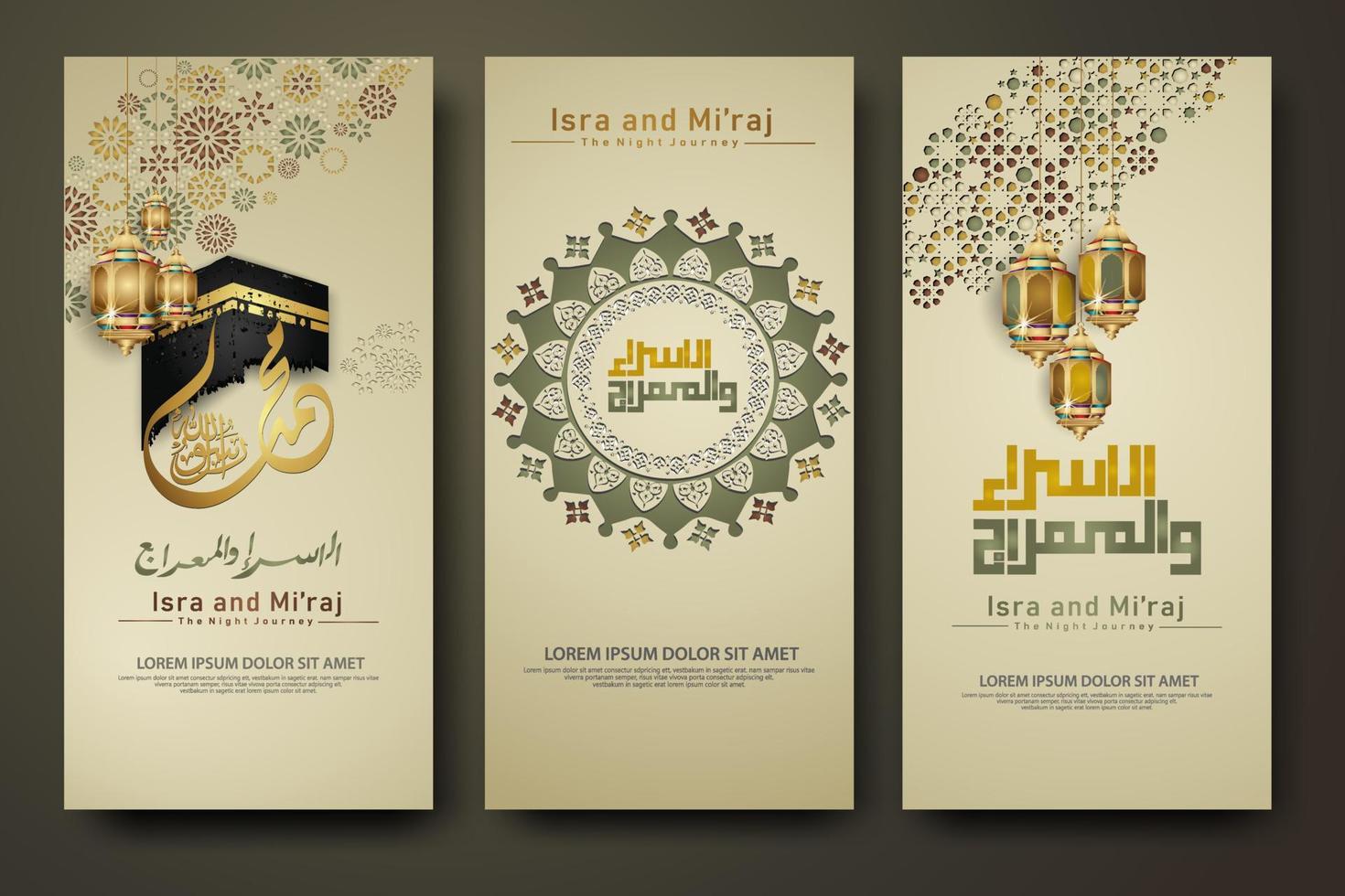 al-isra wal mi'raj profeta mahoma conjunto de caligrafía plantilla de banner vector