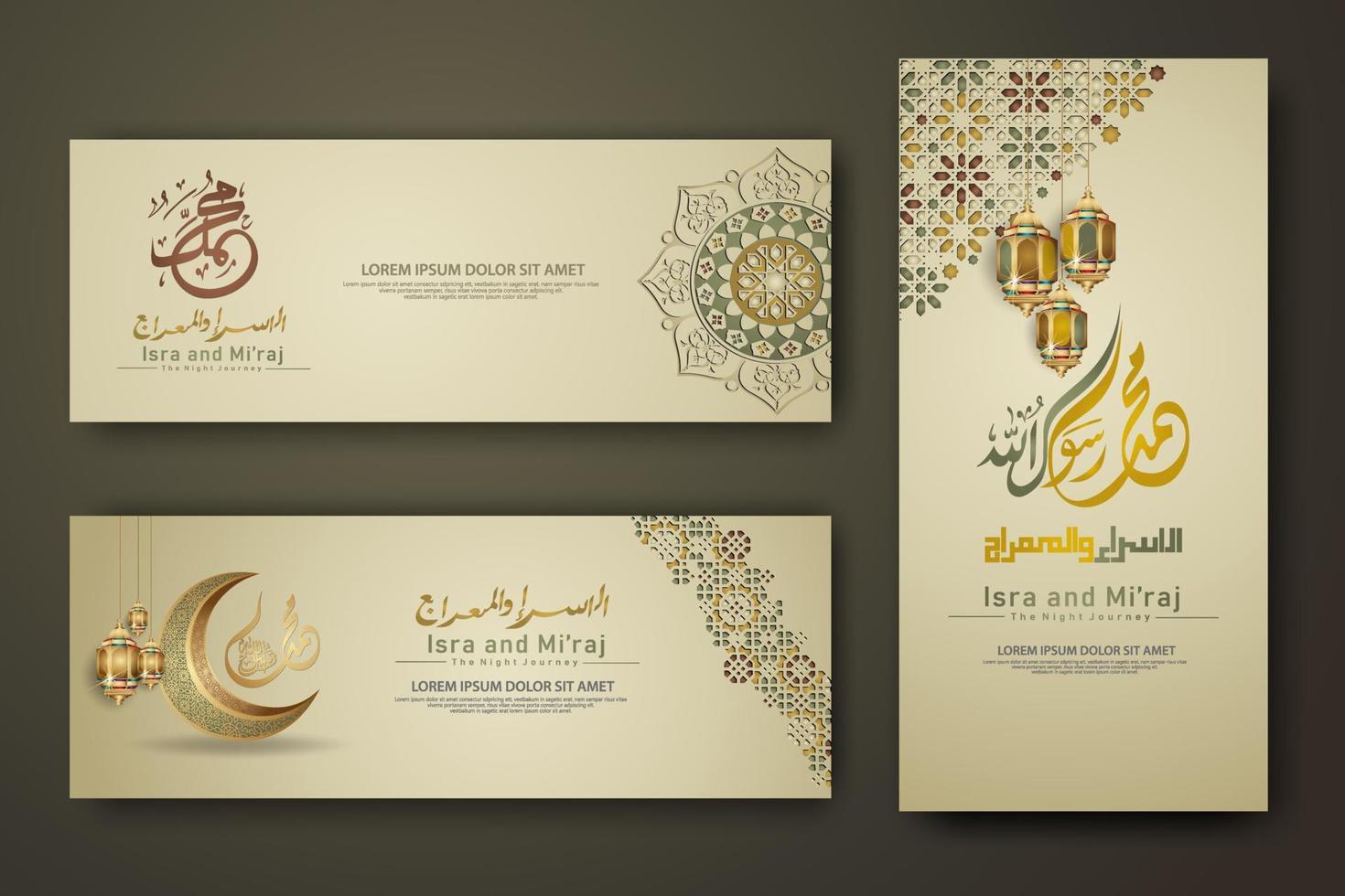 Al-Isra wal Mi'raj Prophet Muhammad calligraphy set banner template vector