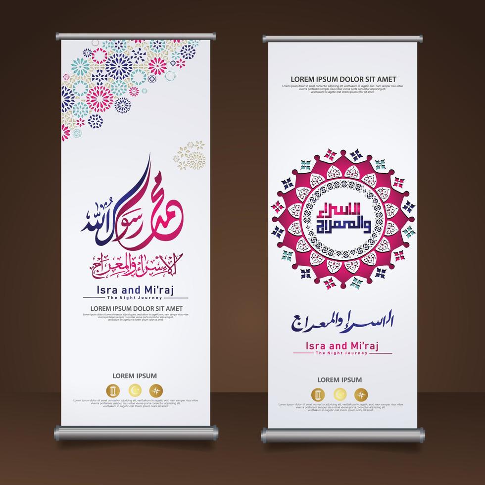 Al-Isra wal Mi'raj Prophet Muhammad calligraphy set roll up banner template with hand drawn kaaba, crescent moon and traditional lantern with ornamental colorful of mosaic islamic background vector