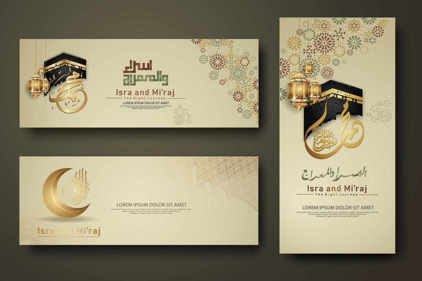 Al-Isra wal Mi'raj Prophet Muhammad calligraphy set banner template vector