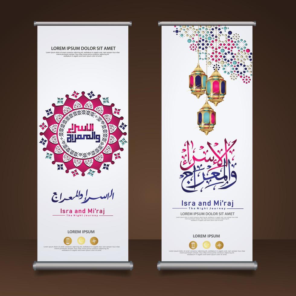 Al-Isra wal Mi'raj Prophet Muhammad calligraphy set roll up banner template with hand drawn kaaba, crescent moon and traditional lantern with ornamental colorful of mosaic islamic background vector