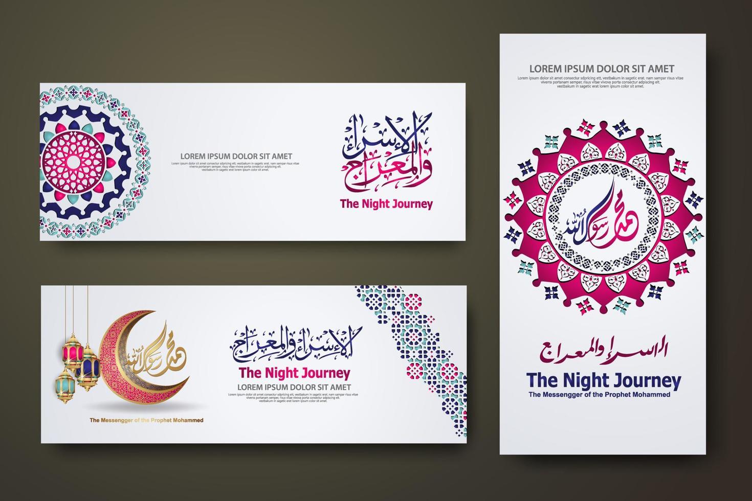 Al-Isra wal Mi'raj Prophet Muhammad calligraphy set banner template vector