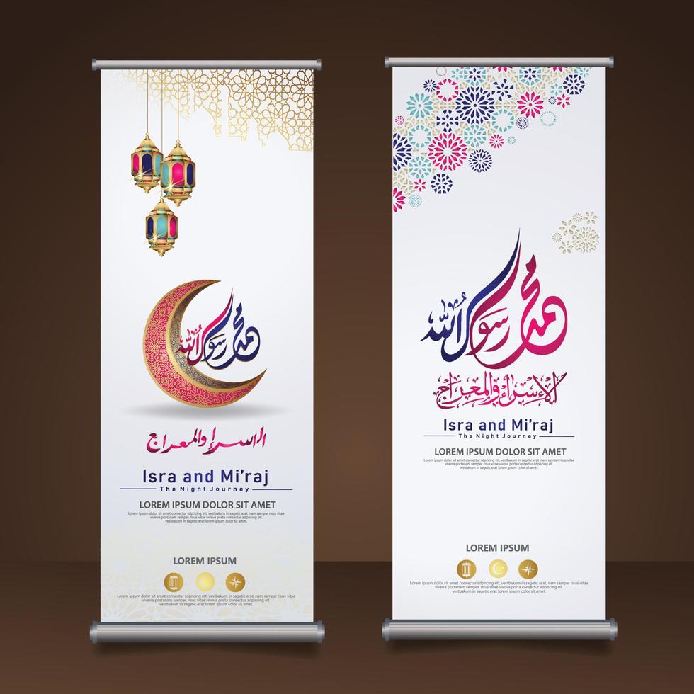 Al-Isra wal Mi'raj Prophet Muhammad calligraphy set roll up banner template with hand drawn kaaba, crescent moon and traditional lantern with ornamental colorful of mosaic islamic background vector