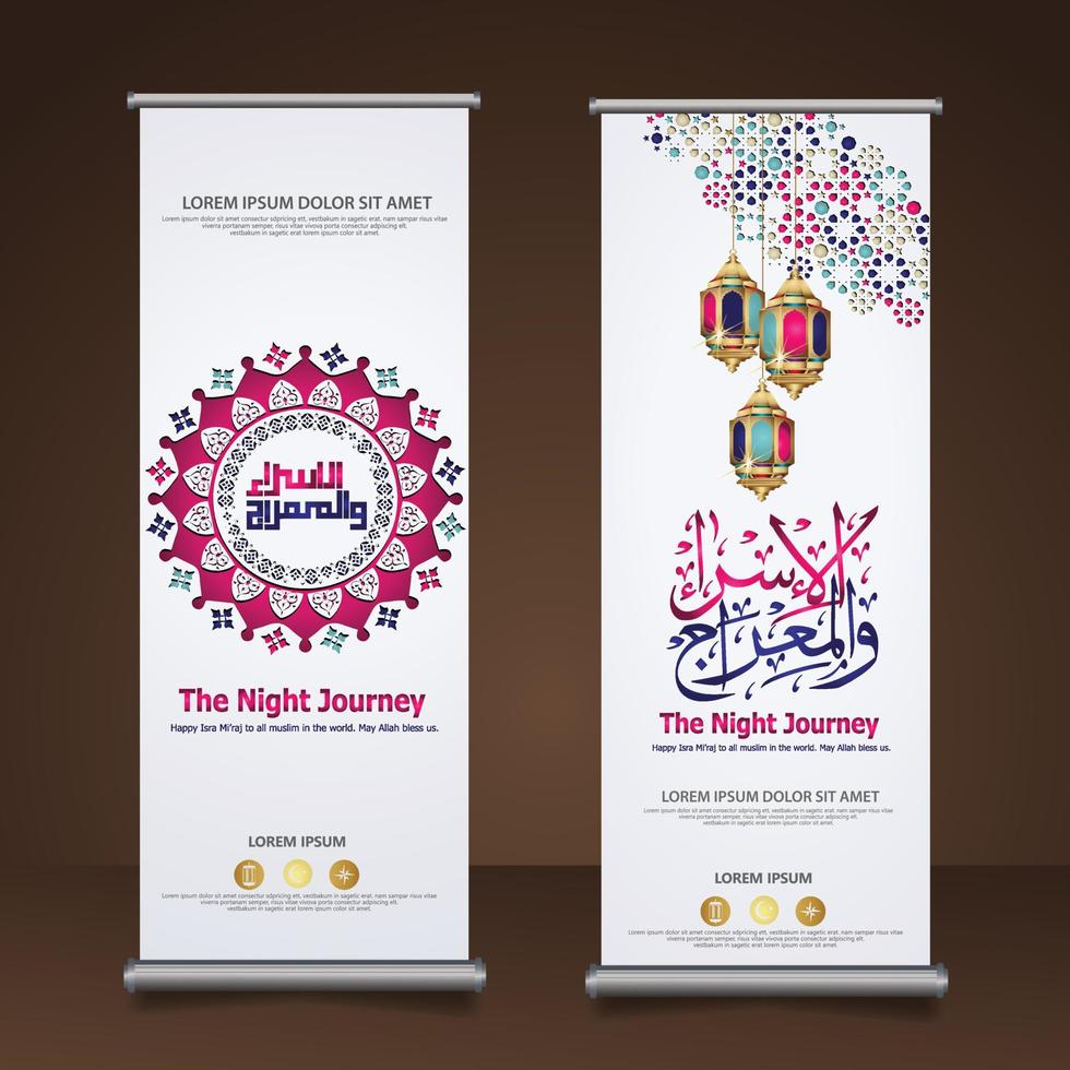 Al-Isra wal Mi'raj Prophet Muhammad calligraphy set roll up banner template with hand drawn kaaba, crescent moon and traditional lantern with ornamental colorful of mosaic islamic background vector