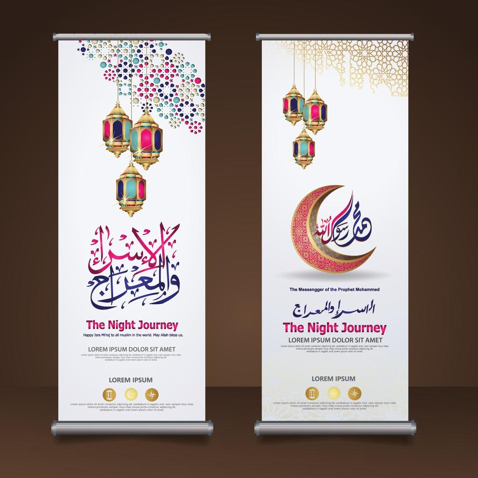 Al-Isra wal Mi'raj Prophet Muhammad calligraphy set roll up banner template with hand drawn kaaba, crescent moon and traditional lantern with ornamental colorful of mosaic islamic background vector