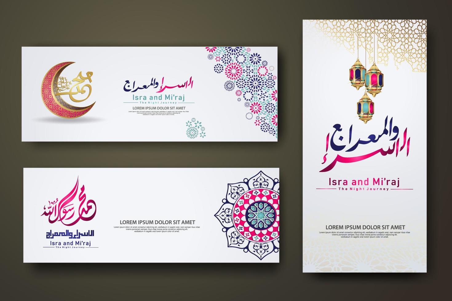 al-isra wal mi'raj profeta mahoma conjunto de caligrafía plantilla de banner vector