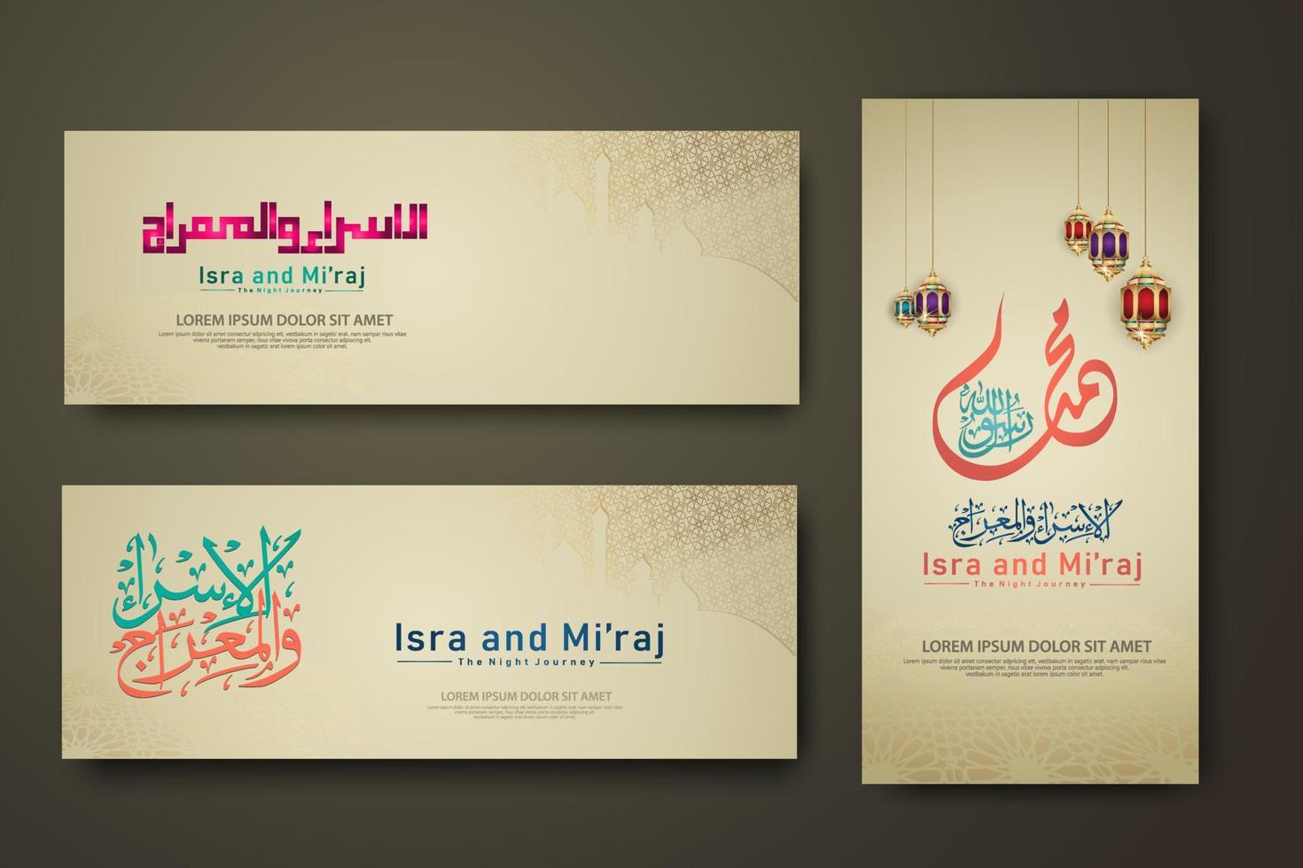 Al-Isra wal Mi'raj Prophet Muhammad calligraphy set banner template vector