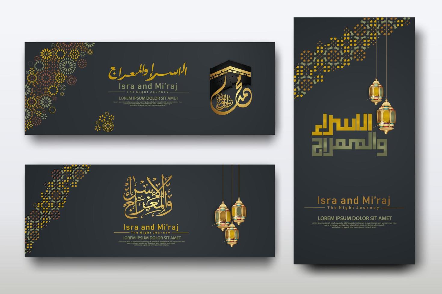 Al-Isra wal Mi'raj Prophet Muhammad calligraphy set banner template vector