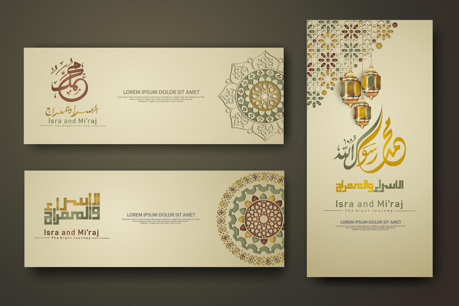 Al-Isra wal Mi'raj Prophet Muhammad calligraphy set banner template vector